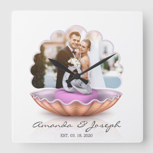 シーシェル·リングや輪ズ·結婚フォトズ·ギフト·ウォール·クロック スクエア壁時計 (正面)