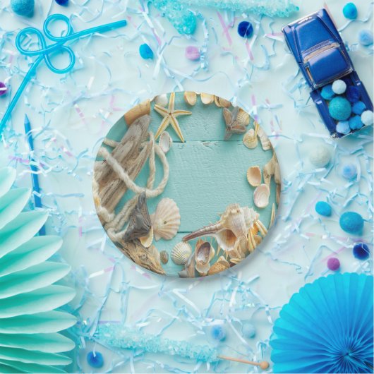 シーシェル，ヴィンテージ，コラージュ，ターコイズ，シック，トレンディー,おもしろい ペーパープレート (パーティー)