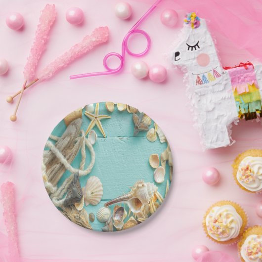シーシェル，ヴィンテージ，コラージュ，ターコイズ，シック，トレンディー,おもしろい ペーパープレート (パーティー)