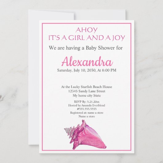 シーシェ航海のルピンクの女の子の赤ちゃんシャワーの招待 案内状 (正面)