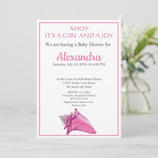 シーシェ航海のルピンクの女の子の赤ちゃんシャワーの招待 案内状 (スタンド正面)