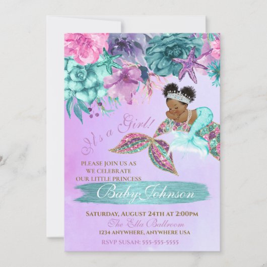 シーシャワーの下のエスニックヴィンテージ·マーメイドベビー 招待状 (正面)