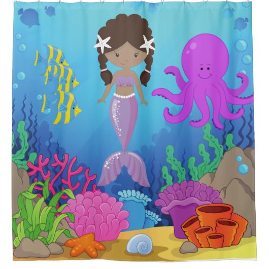 シーシャワーカーテンの下のキッズパープルマーメイド シャワーカーテン (正面)