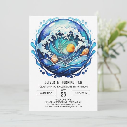 シーショアウォーターのカラー子供の誕生日 招待状 (スタンド正面)