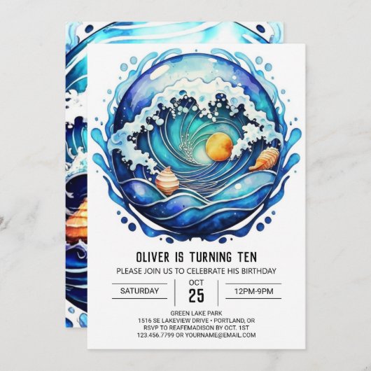 シーショアウォーターのカラー子供の誕生日 招待状 (正面/裏面)