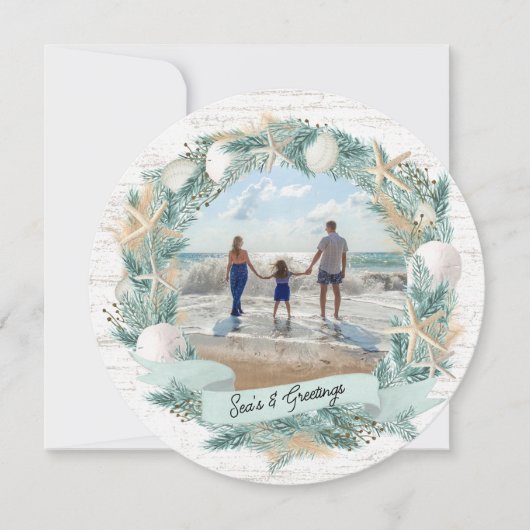 シーショアビーチクリスマスリースと写真 シーズンカード (正面)