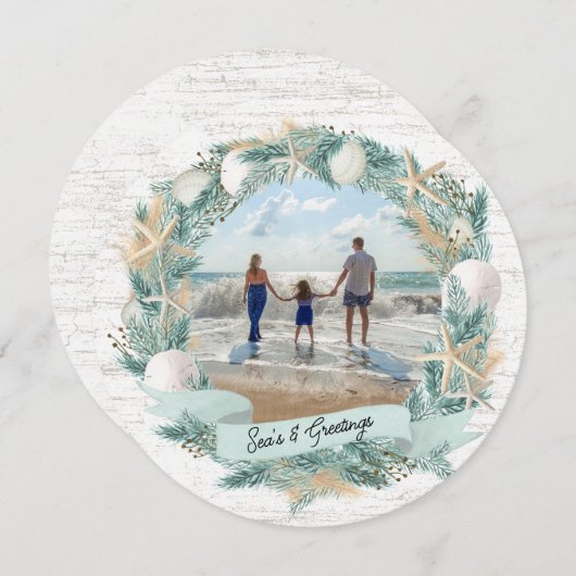 シーショアビーチクリスマスリースと写真 シーズンカード (正面/裏面)