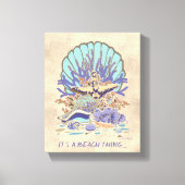 シーショアビーチビーブティール(緑がかった色)、コーラル、パープル キャンバスプリント (正面)