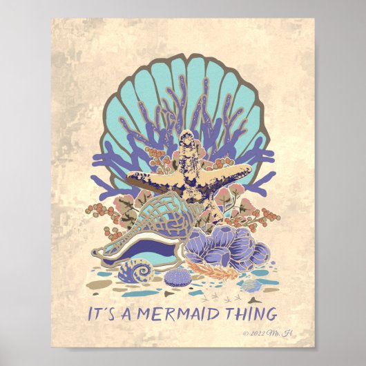 シーショアビーチヴィーブティール(緑がかった色)、サンゴ、紫のポスター ポスター (正面)