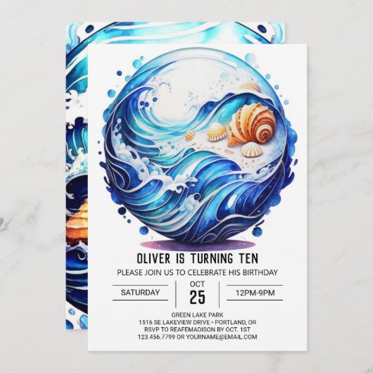 シーショア深いブルー子供の誕生日 招待状 (正面/裏面)