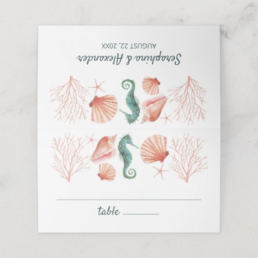 シーショア |ビーチブルー水彩シーシェル結婚ズ プレイスカード (外部開封)