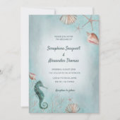 シーショア |ビーチブルー水彩シーシェル結婚ズ 招待状 (正面)