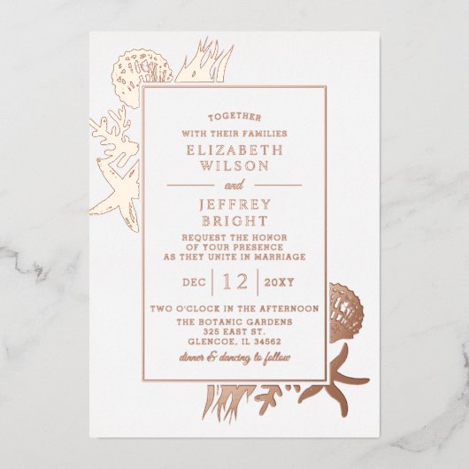 シーシ素朴ェルズマリン海ビーチ結婚式 箔招待状 (正面)