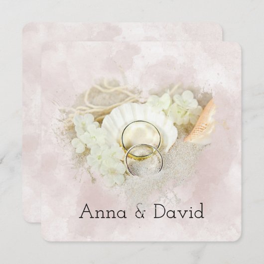 シーシ結婚ェルのリングや輪ビーチハート 招待状 (正面/裏面)