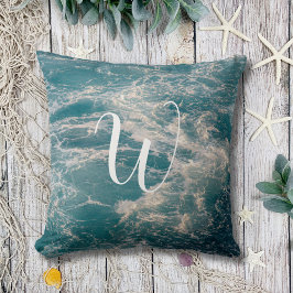 シースケッカリブのプブルーホワイトウェーブクレストモノグラム クッション