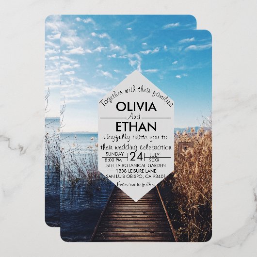 シースケープビーチお祝い結婚ズフォイル招待状 箔招待状 (正面/裏面)