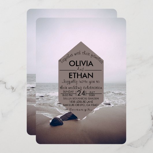 シースケープビーチショア結婚ネイビーズフォイル招待状 箔招待状 (正面/裏面)