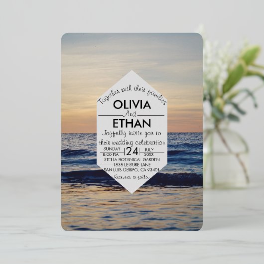 シースケープビーチ結婚沿岸ホイル招待状 箔招待状 (立ち正面)