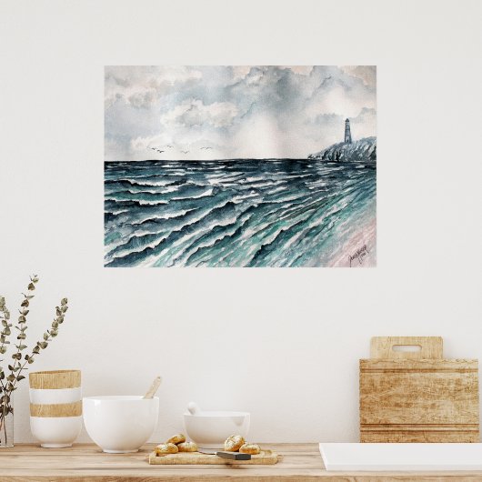 シースケープライトハウスキャンバスアートプリント ポスター (キッチン)