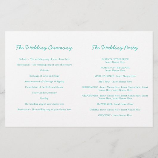 シースター&スワーズティール（緑がかった色）グリーンウェディングプログラム (裏面)