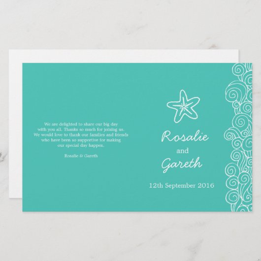 シースター&スワーズティール（緑がかった色）グリーンウェディングプログラム (正面/裏面)