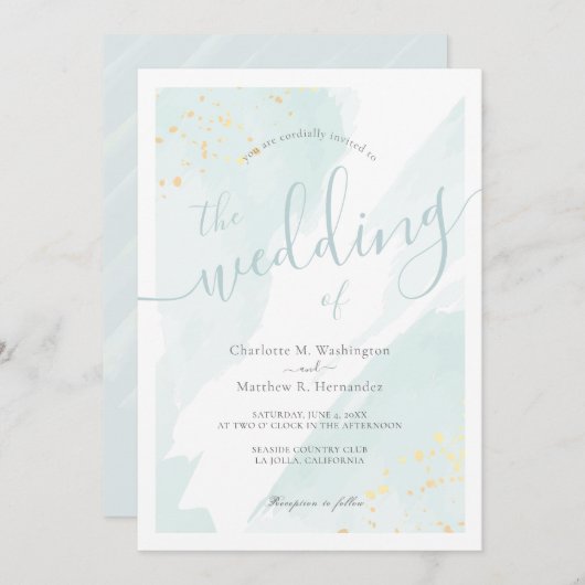 シースプラッシュウォーター淡い色のカラーターコイズブ結婚ルー 招待状 (正面/裏面)