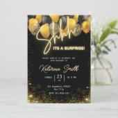 シーズザサプライズ金ゴールドブラック誕生日招待状 シーズンカード (スタンド正面)