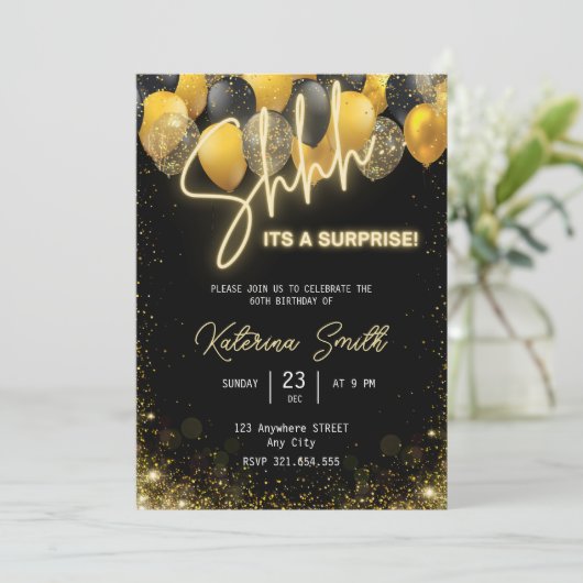 シーズザサプライズ金ゴールドブラック誕生日招待状 シーズンカード (スタンド正面)