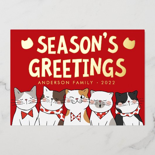 シーズンのあいさつのかわいいおもしろいねこがカロリング 箔シーズンカード (正面)