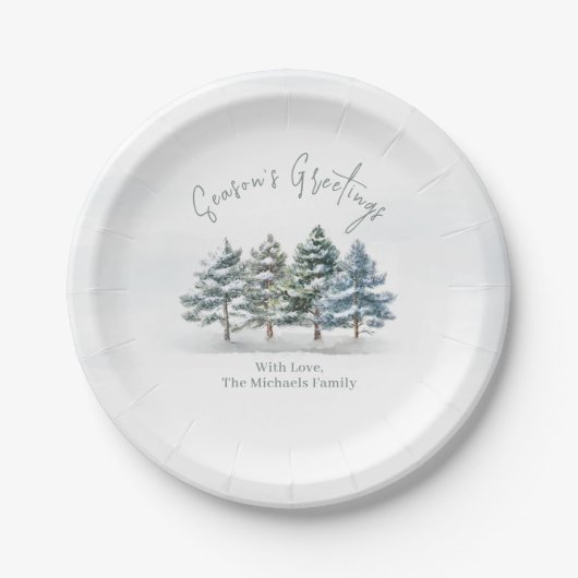 シーズンのグリーティングウォーターカラーのクリスマスツリー ペーパープレート (正面)
