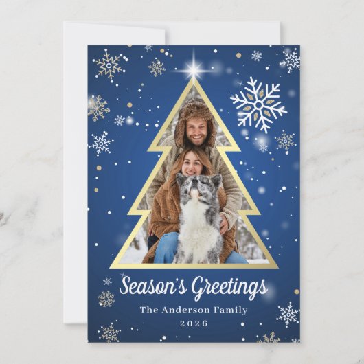 シーズンのグリーティングブルー金ゴールドクリスマスツリーの写真 シーズンカード (正面)