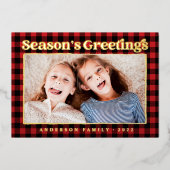 シーズンのグリーティングプレイドパターンファミリーフォト 箔シーズンカード (正面)