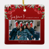 シーズンのグリーティングポインセチア写真クリスマス セラミックオーナメント (正面)
