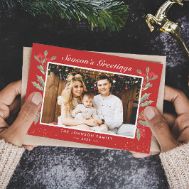 シーズンのグリーティングレッドベリーのクリスマスフォト シーズンカード