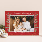 シーズンのグリーティングレッドベリーのクリスマスフォト シーズンカード