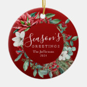 シーズンのグリーティングレッドポインセチア写真クリスマス セラミックオーナメント (正面)