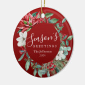 シーズンのグリーティングレッドポインセチア写真クリスマス セラミックオーナメント (左)