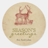 シーズンのグリーティングヴィンテージクリスマスディアー素朴 ラウンドシール (正面)