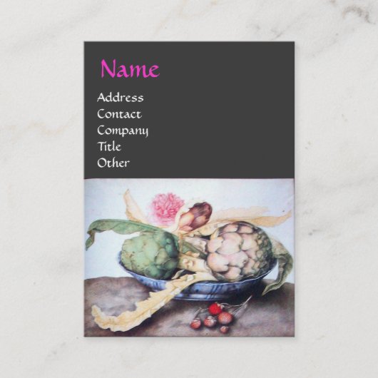 シーズンのフルーツ4 – アーティチョーク、バラ、イチゴ 名刺 (正面)