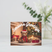 シーズンの挨拶が微笑むテディベア暖炉 シーズンポストカード (スタンド正面)