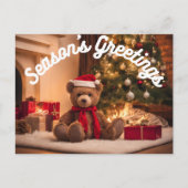 シーズンの挨拶が微笑むテディベア暖炉 シーズンポストカード (正面)