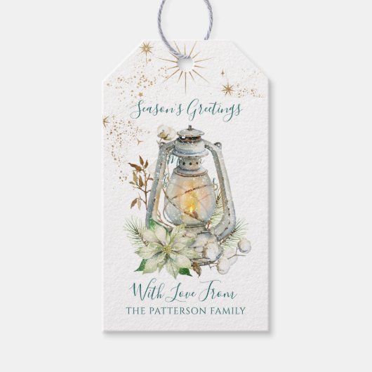 シーズンの挨拶ホワイトポインセチアの姓 ギフトタグ (正面)