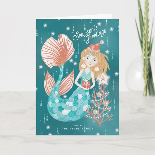 シーズンの挨拶人魚の家族が折り畳まれた シーズンカード (正面)