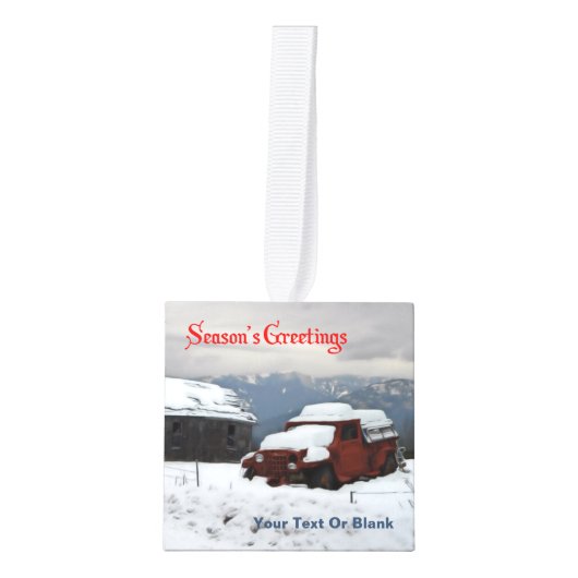 シーズンの挨拶 – 古い赤いトラック キューブオーナメント (正面)