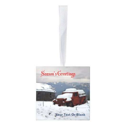 シーズンの挨拶 – 古い赤いトラック キューブオーナメント (右)