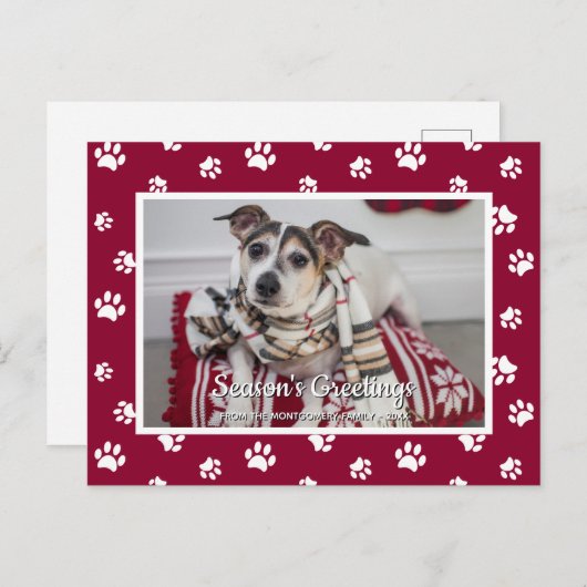 シーズンの挨拶!赤い白い手が犬の写真をプリント シーズンポストカード (正面/裏面)