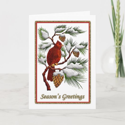 シーズンの挨拶 – 赤い(鳥)ショウジョウコウカンチョウと松のコーン シーズンカード (正面)