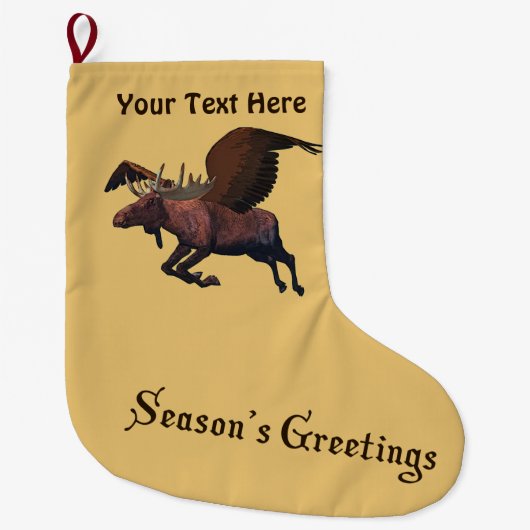 シーズンの挨拶 – 飛んでいるMoose ラージクリスマスストッキング (正面)