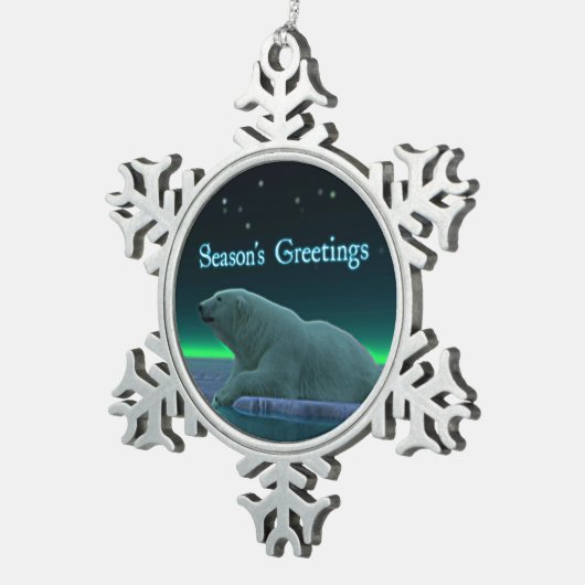 シーズンの挨拶 – Ice Edge Polar Bear スノーフレークピューターオーナメント (右)