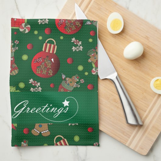 シーズングリーティングクリスマスジンジャーブレッドマン キッチンタオル (四つ折り)